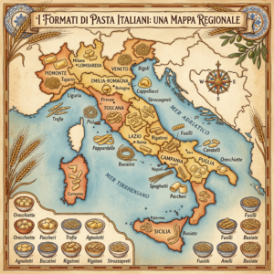 Map of Italy highlighting regional pasta types such as Tajarin, Bigoli, Trofie, Rigatoni, and Spaghetti.