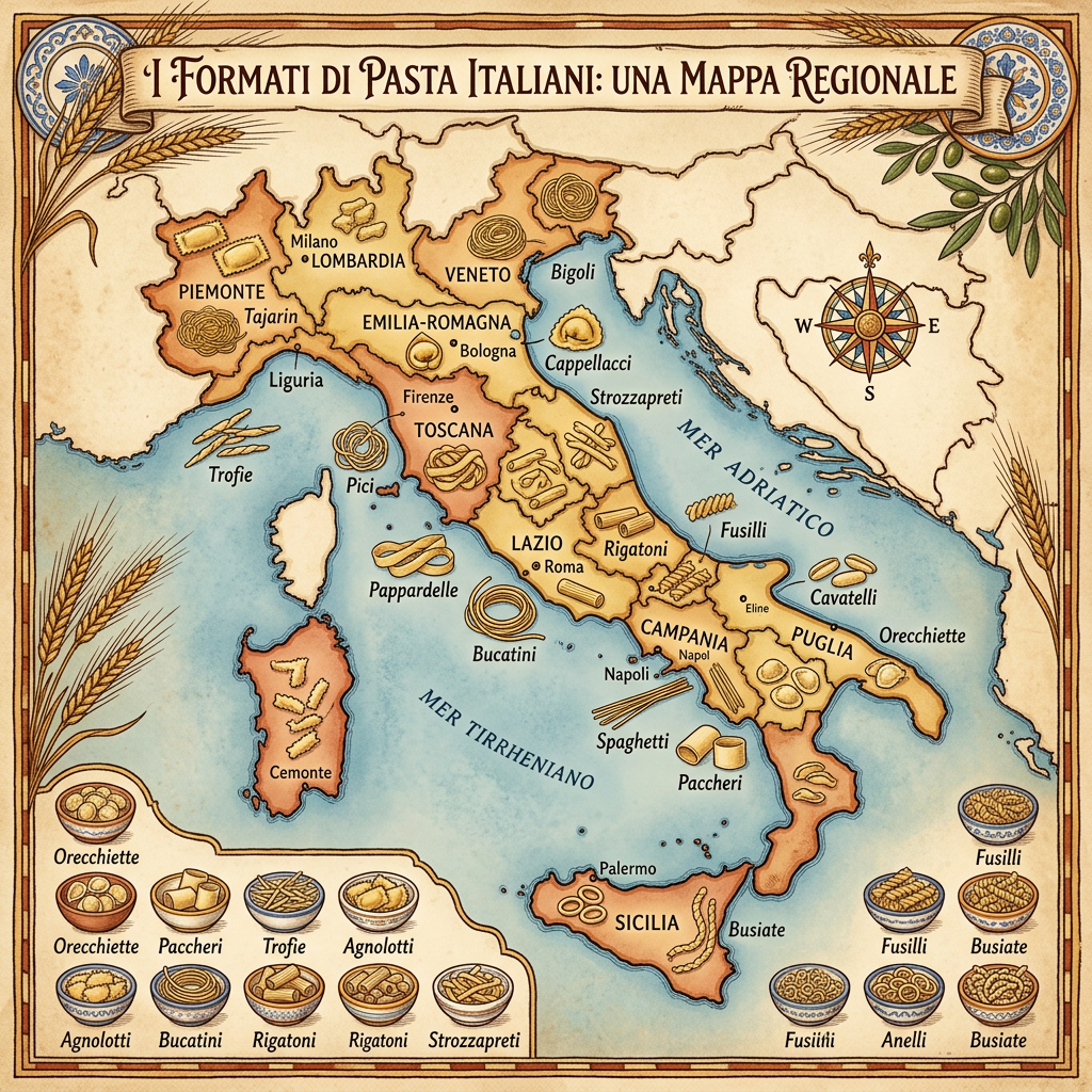 Map of Italy highlighting regional pasta types such as Tajarin, Bigoli, Trofie, Rigatoni, and Spaghetti.